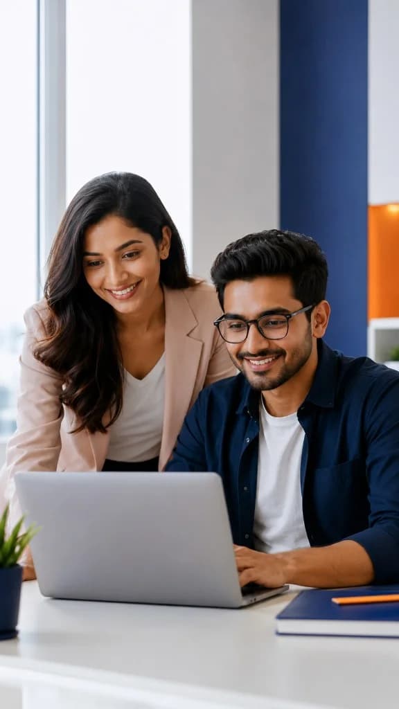 Two professionals collaborating on a laptop in a bright modern office