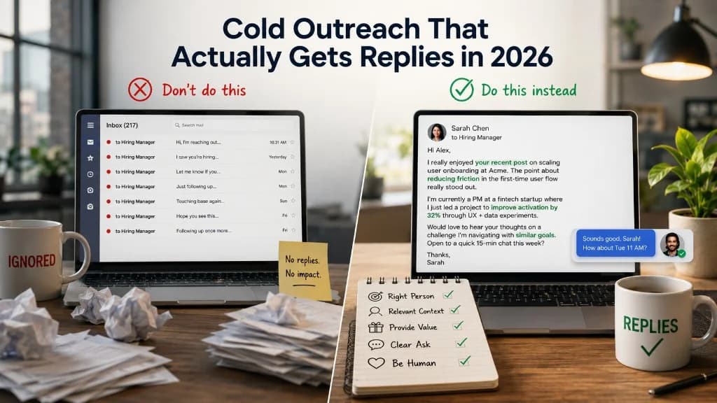 Split comparison of cold outreach in 2026: generic ignored emails versus personalized outreach with context, value, and a clear ask that earns a reply.