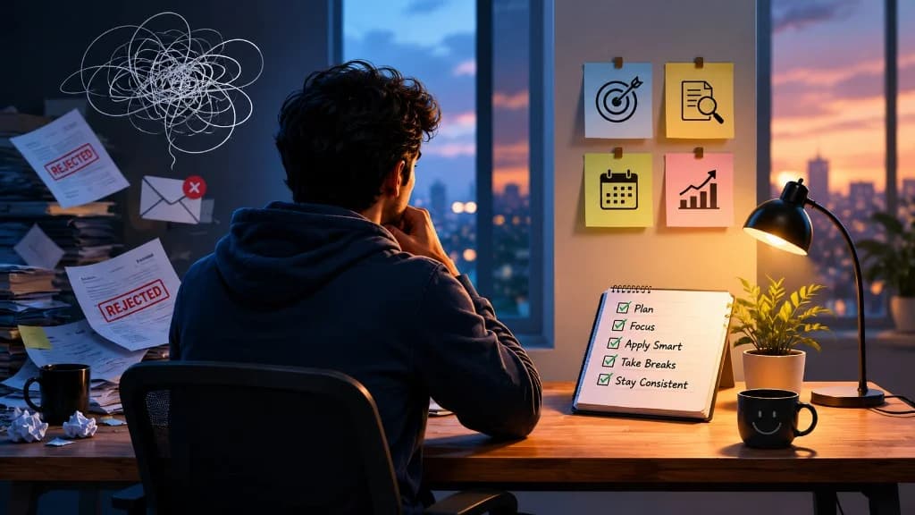 Split-view illustration of a job seeker at a desk: chaotic job search with rejection letters and mental clutter on the left, organized sustainable search with goals, schedule, and checklist on the right