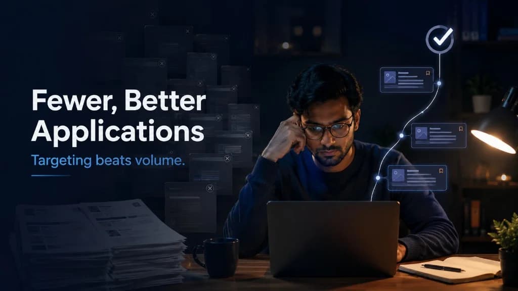 Job seeker at a laptop contrasting a stack of rejected generic applications with a glowing path of fewer targeted applications — Fewer, Better Applications, targeting beats volume