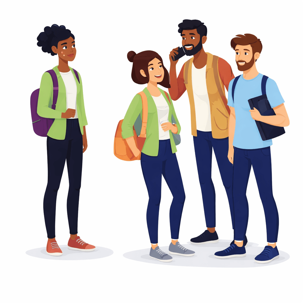 Flat vector illustration of four diverse young students with backpacks, a laptop, and a smartphone — freshers and placement interview preparation.