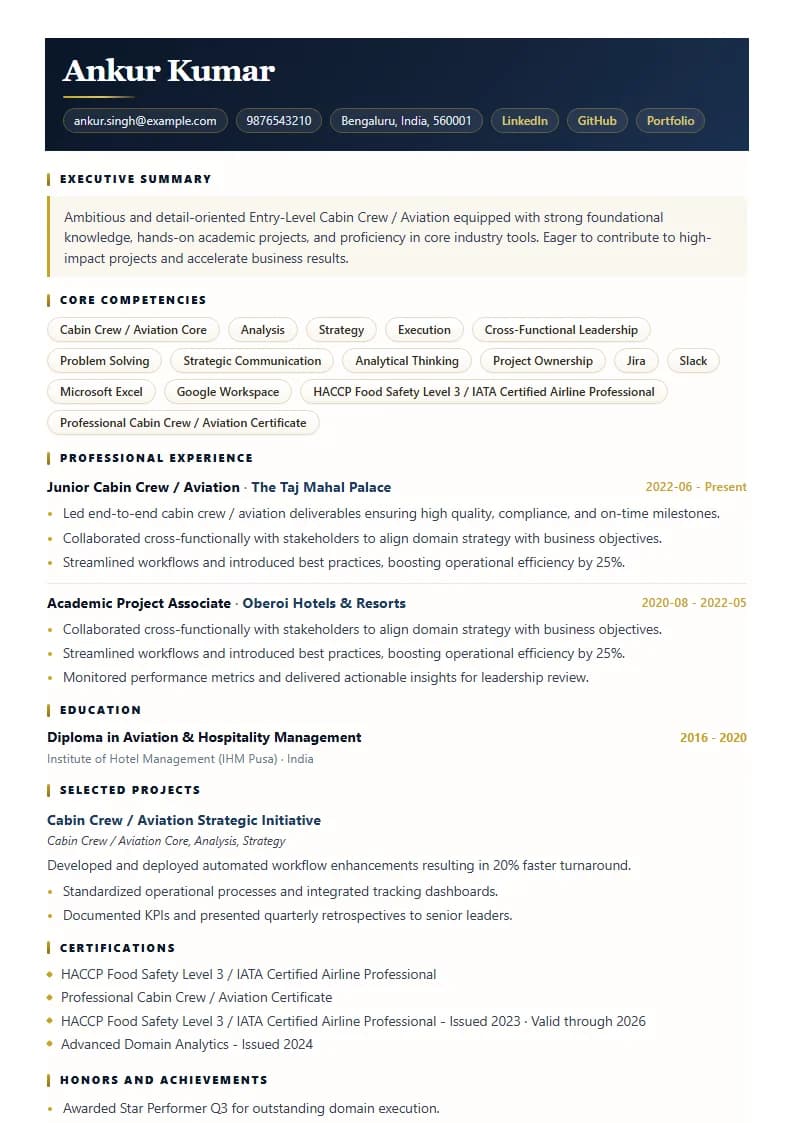 Entry-Level Cabin Crew / Aviation Resume Example using Mercator Marketing Executive template layout