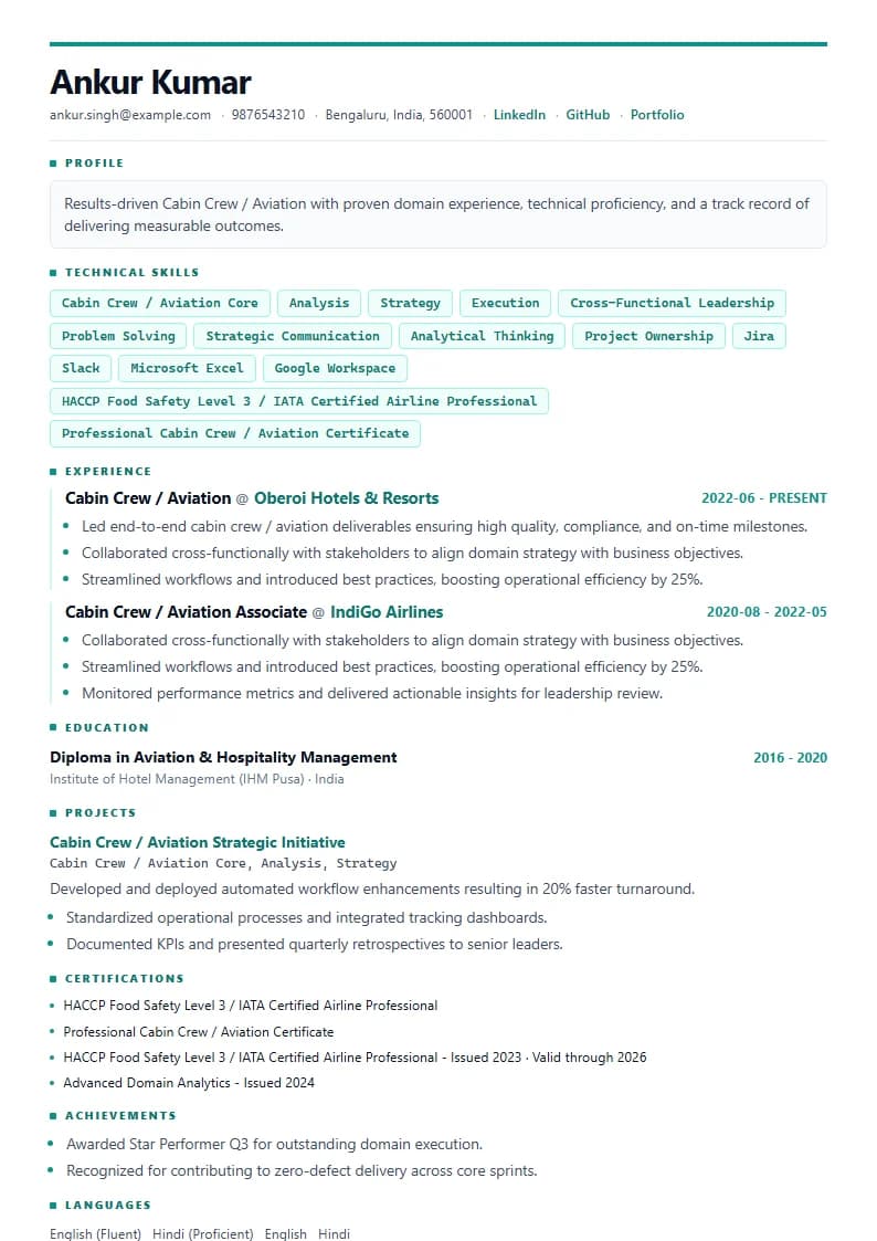Cabin Crew / Aviation Resume Example using Crisp Column Slate template layout