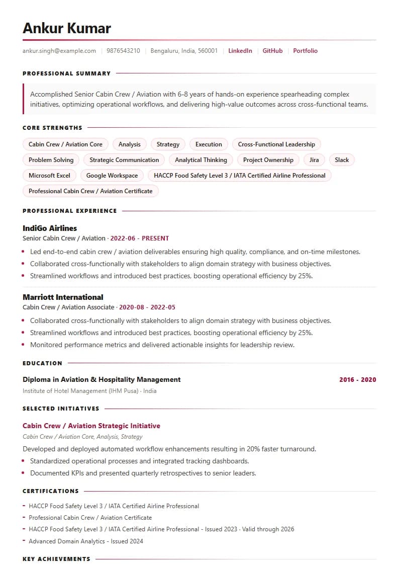 Senior Cabin Crew / Aviation Resume Example using Timeless Serif Classic template layout