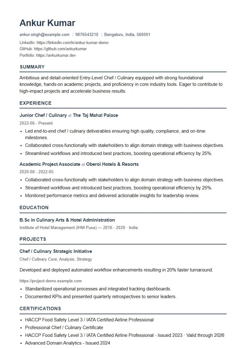 Entry-Level Chef / Culinary Resume Example using Modern Professional template layout