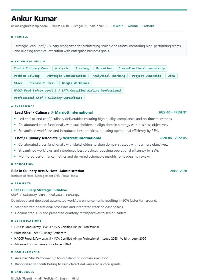 Lead Chef / Culinary Resume Example using Silicon Teal Meridian template layout