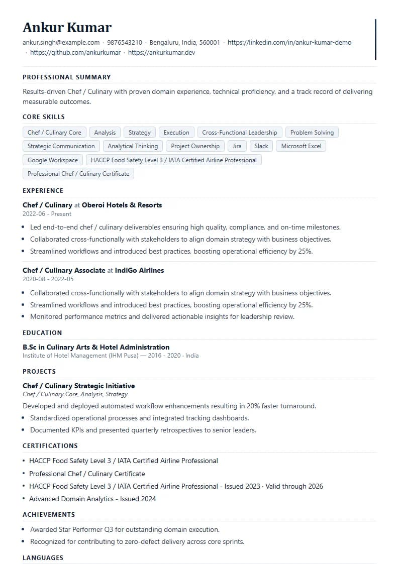 Chef / Culinary Resume Example using Corporate Elite Resume template layout
