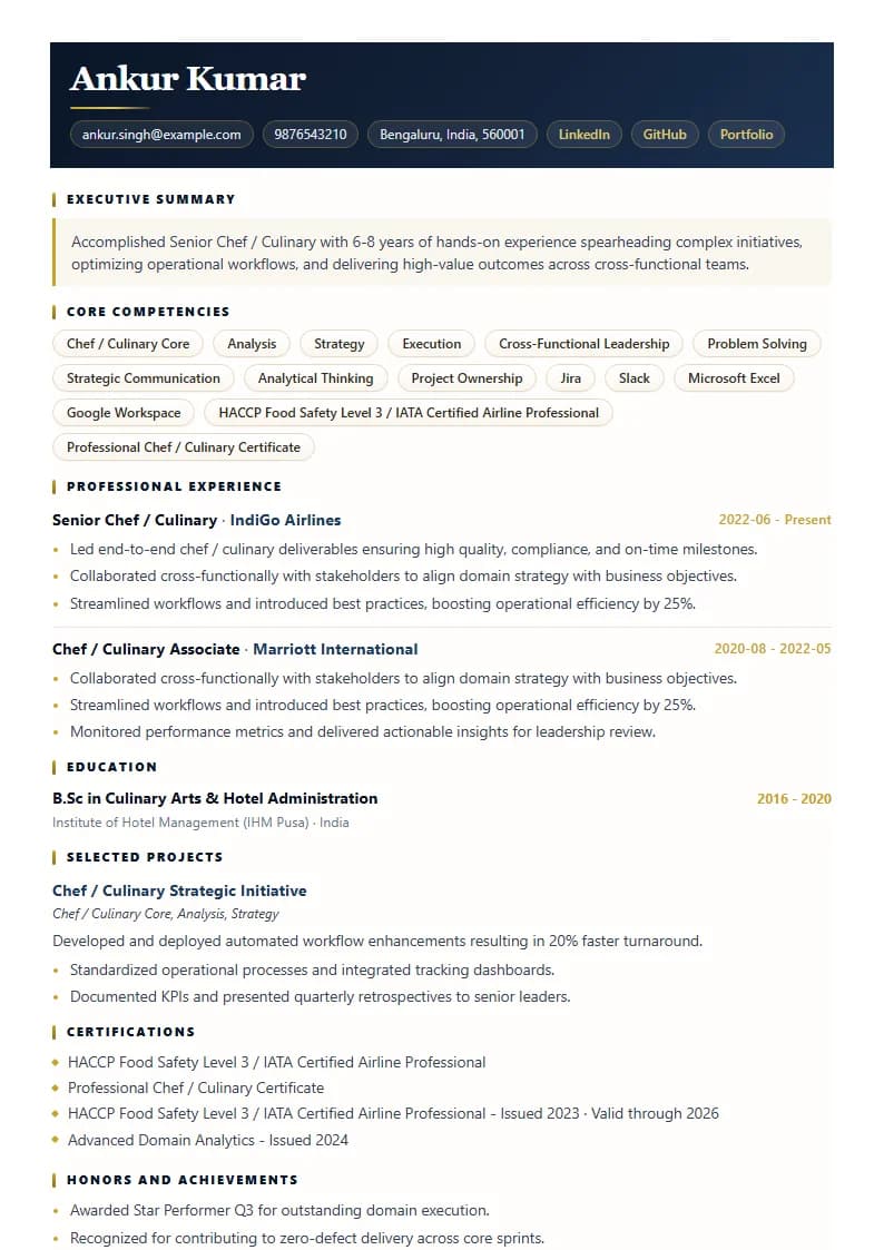 Senior Chef / Culinary Resume Example using Executive Onyx Gold template layout