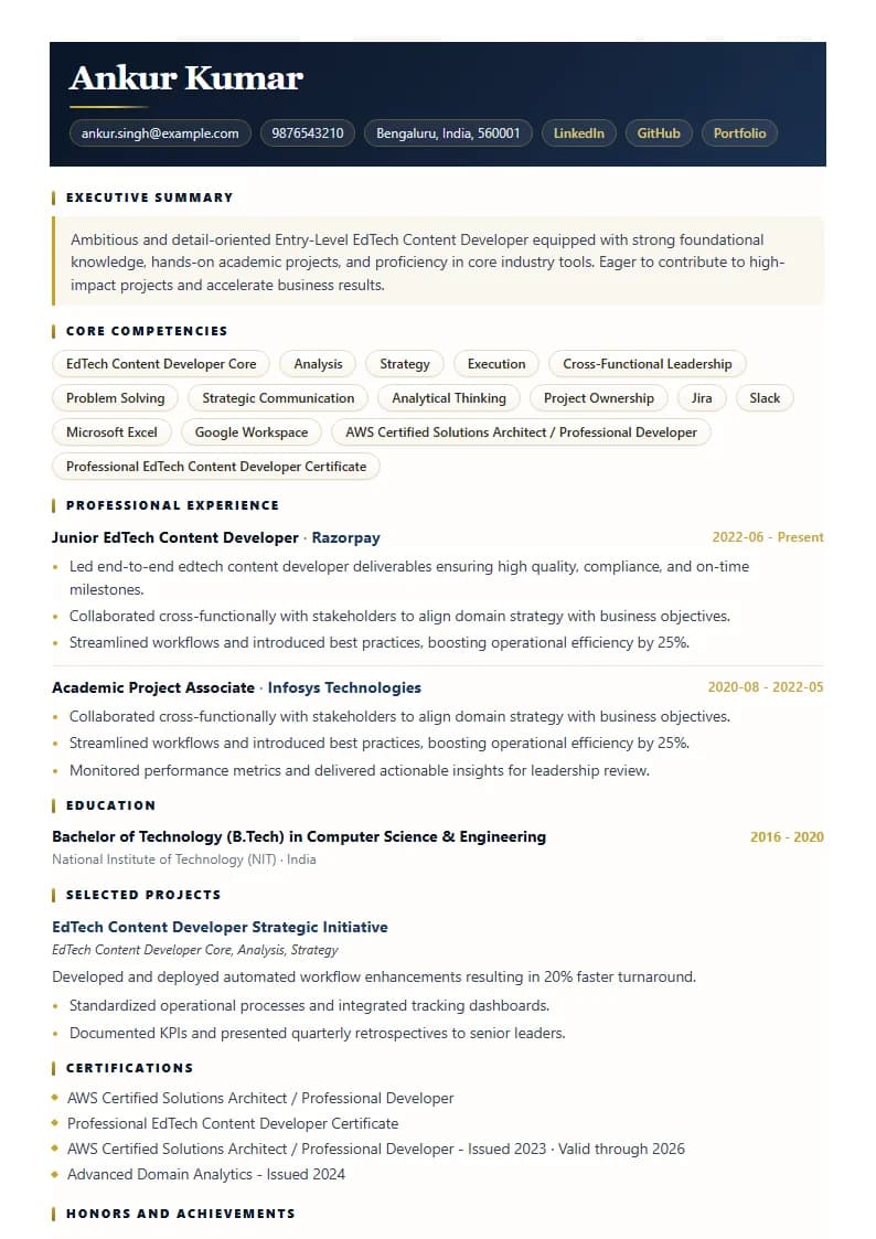 Entry-Level EdTech Content Developer Resume Example using Mercator Marketing Executive template layout