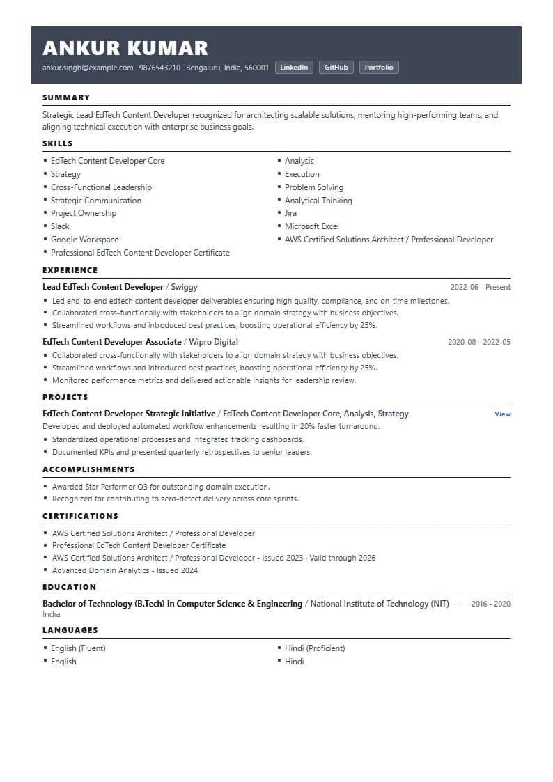 Lead EdTech Content Developer Resume Example using Compact Professional Azure template layout