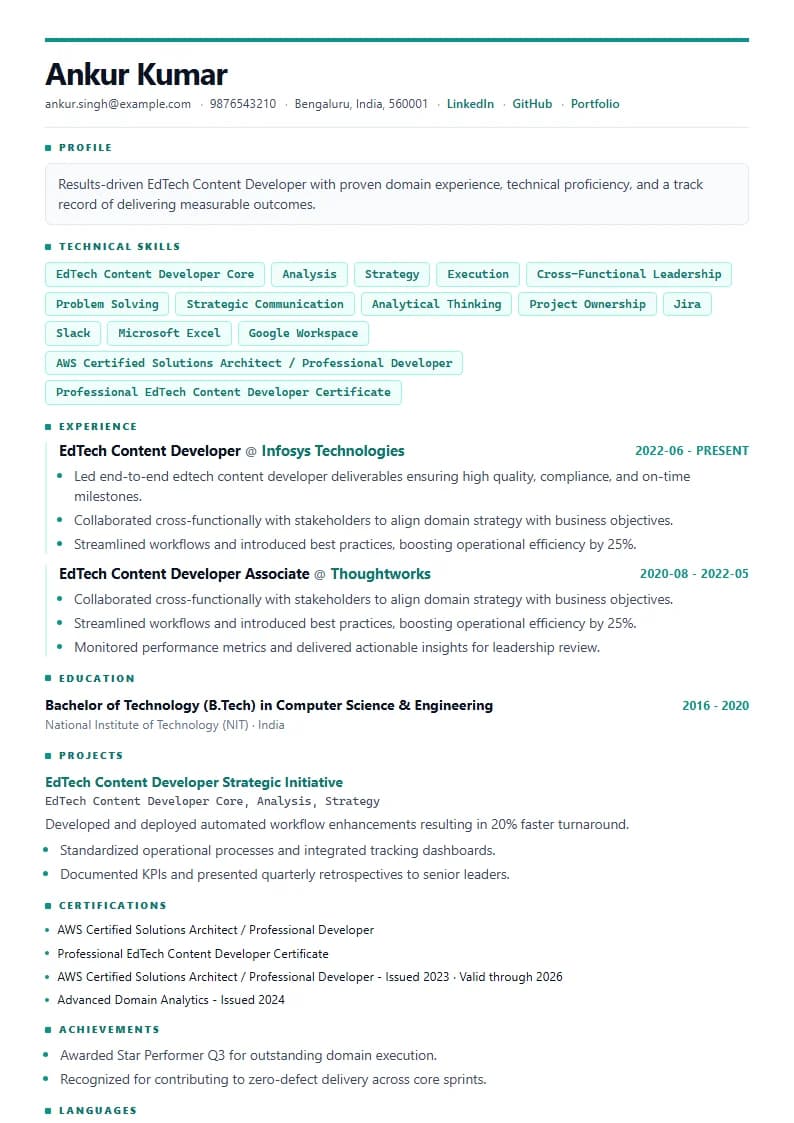 EdTech Content Developer Resume Example using Crisp Column Slate template layout