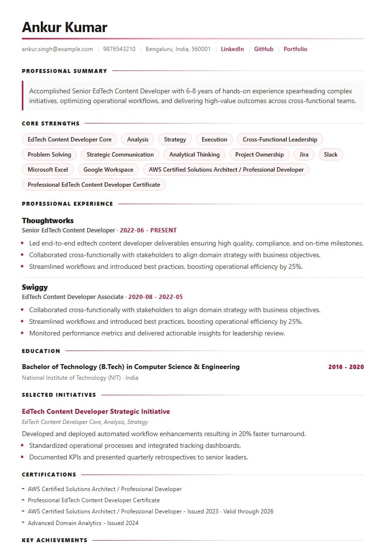 Senior EdTech Content Developer Resume Example using Timeless Serif Classic template layout