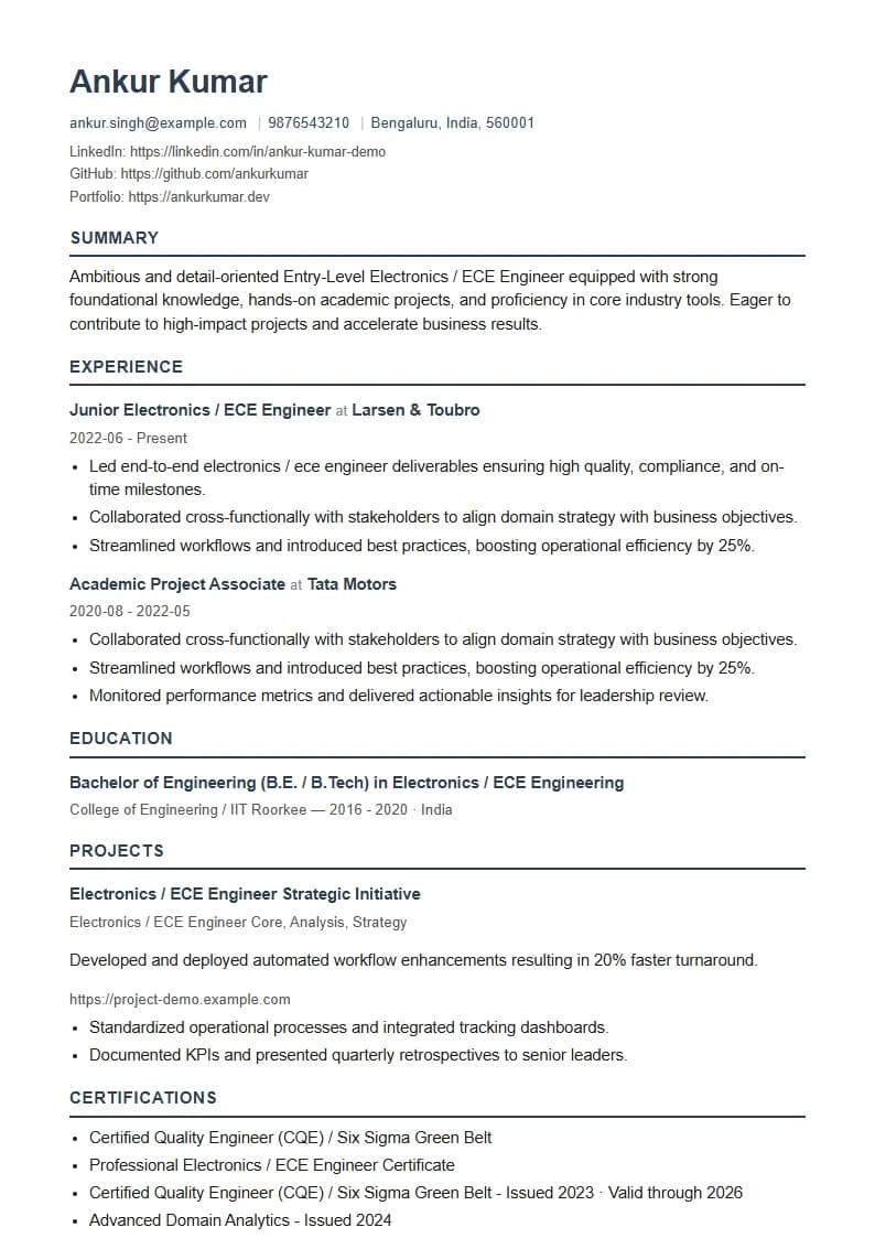 Entry-Level Electronics / ECE Engineer Resume Example using Modern Professional template layout