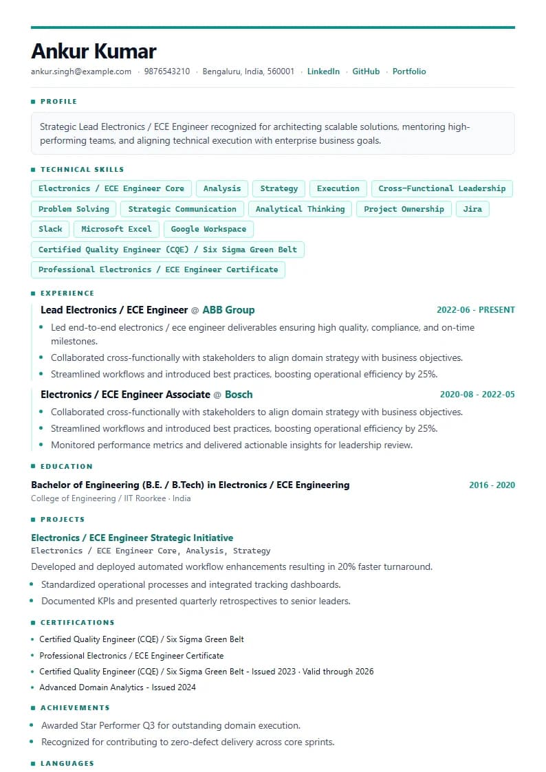 Lead Electronics / ECE Engineer Resume Example using Silicon Teal Meridian template layout