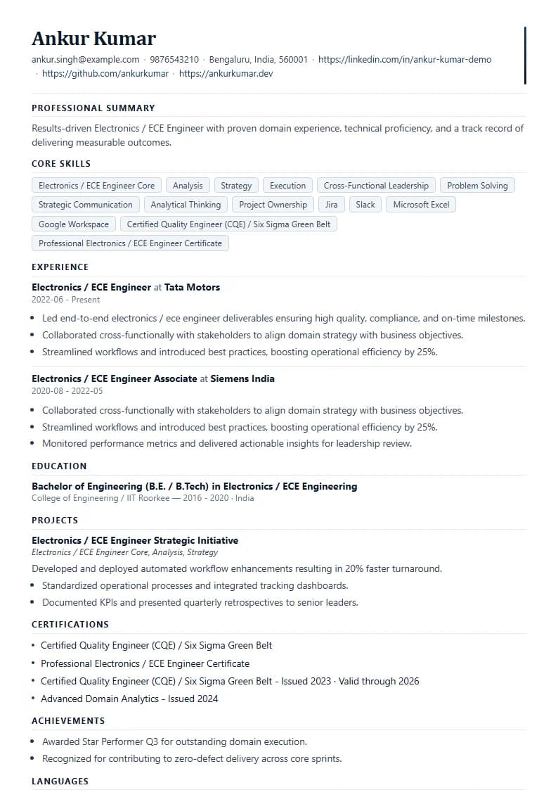 Electronics / ECE Engineer Resume Example using Corporate Elite Resume template layout