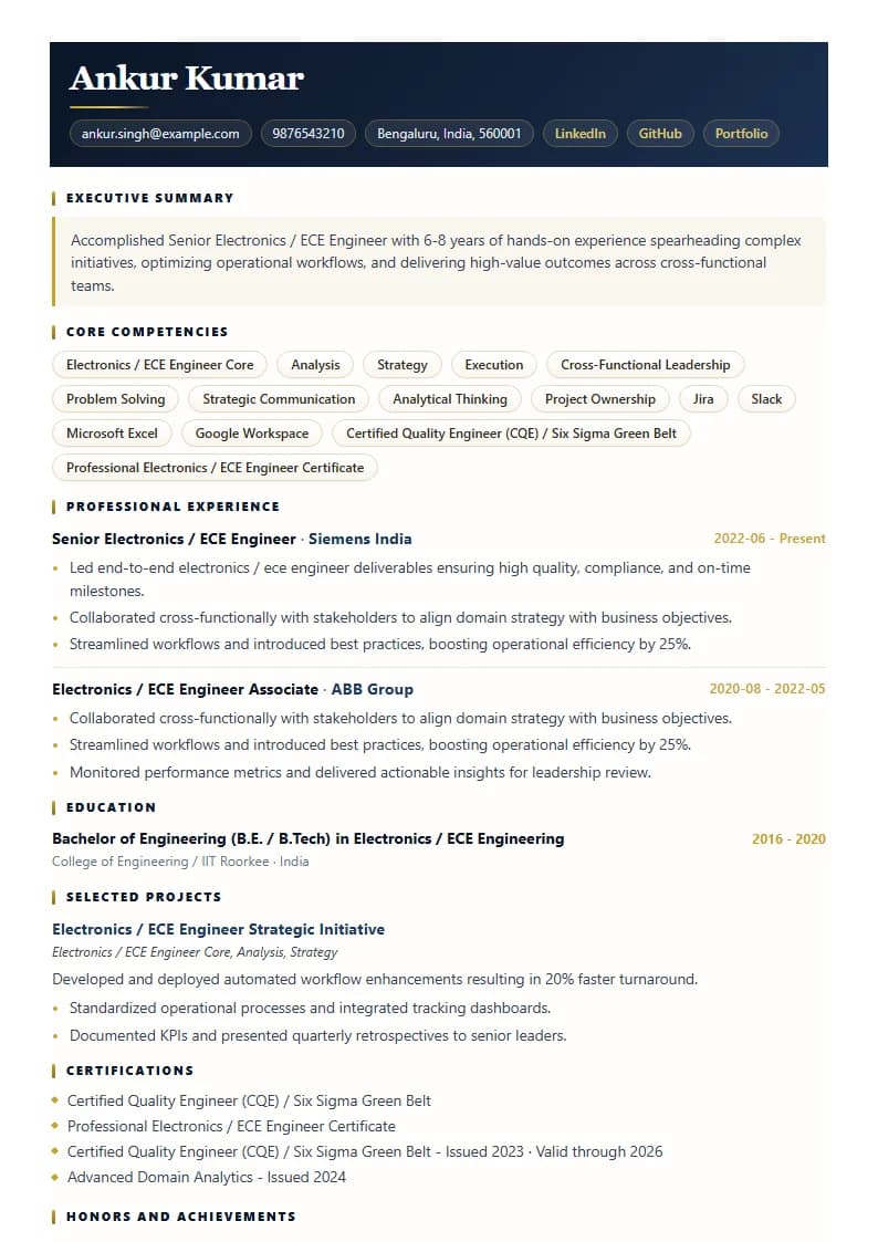 Senior Electronics / ECE Engineer Resume Example using Executive Onyx Gold template layout