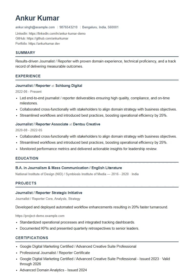 Journalist / Reporter Resume Example using Silicon Teal Meridian template layout