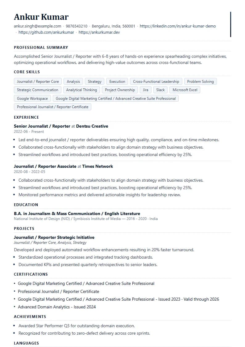 Senior Journalist / Reporter Resume Example using Mercator Marketing Executive template layout