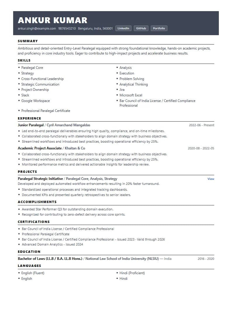 Entry-Level Paralegal Resume Example using Timeless Serif Classic template layout