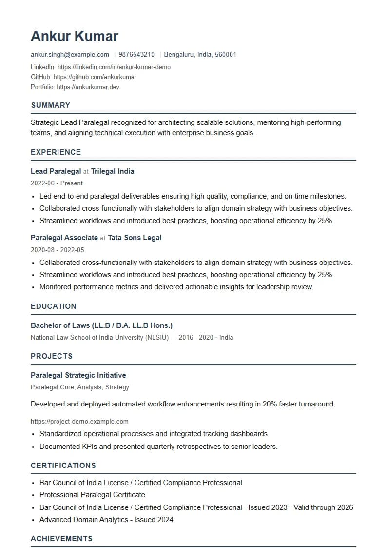 Lead Paralegal Resume Example using Corporate Elite Resume template layout