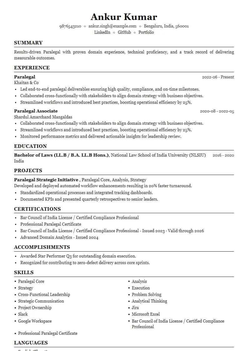 Paralegal Resume Example using Compact Professional Azure template layout