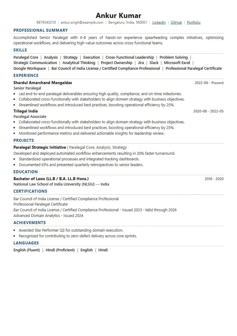 Senior Paralegal Resume Example using Modern Professional template layout