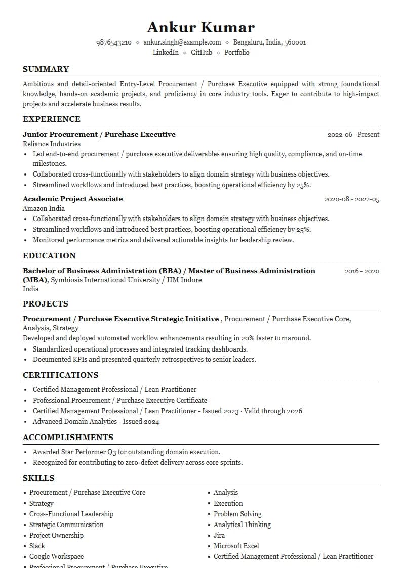 Entry-Level Procurement / Purchase Executive Resume Example using Mercator Marketing Executive template layout