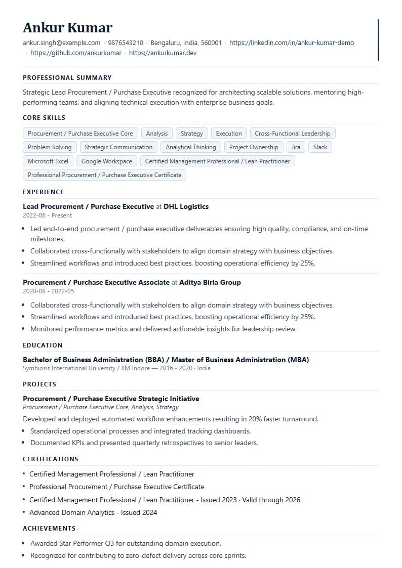 Lead Procurement / Purchase Executive Resume Example using Compact Professional Azure template layout