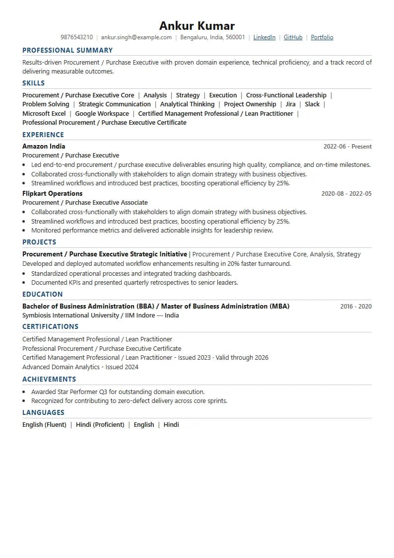 Procurement / Purchase Executive Resume Example using Crisp Column Slate template layout