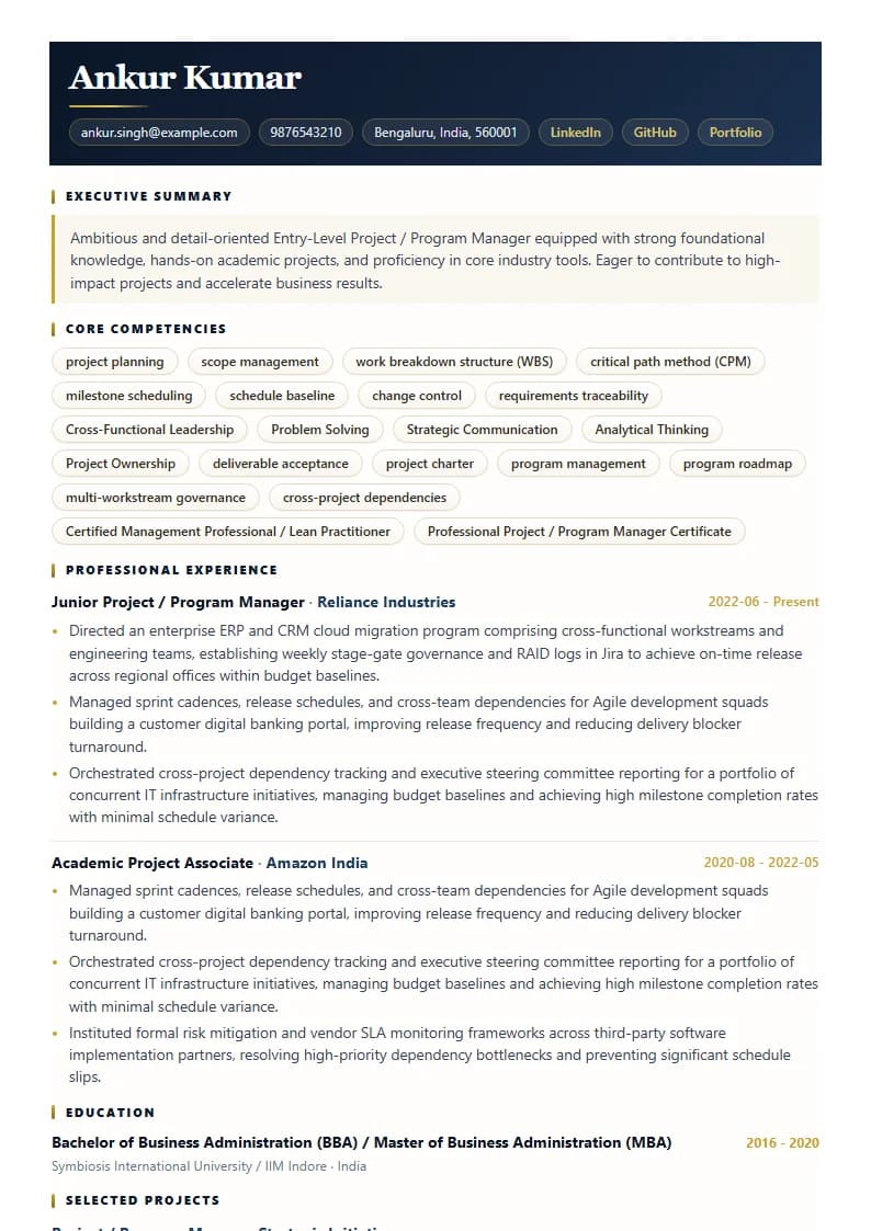 Entry-Level Project / Program Manager Resume Example using Mercator Marketing Executive template layout