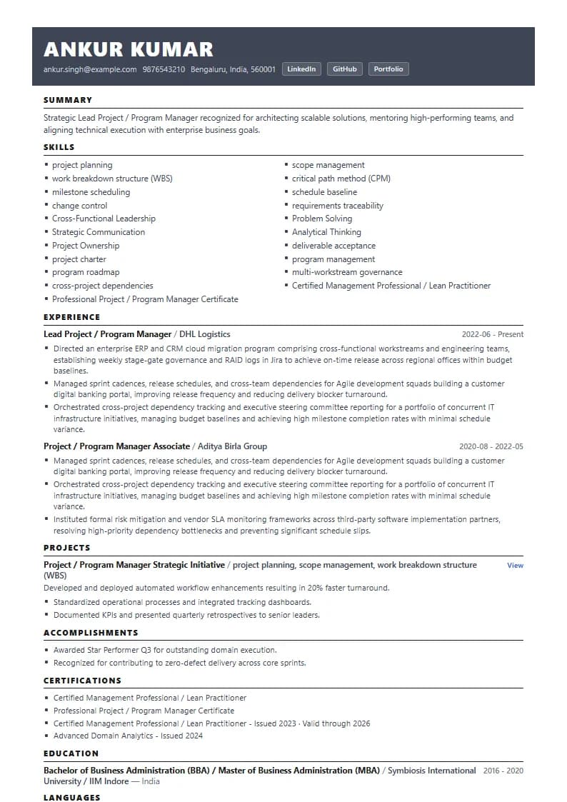 Lead Project / Program Manager Resume Example using Compact Professional Azure template layout