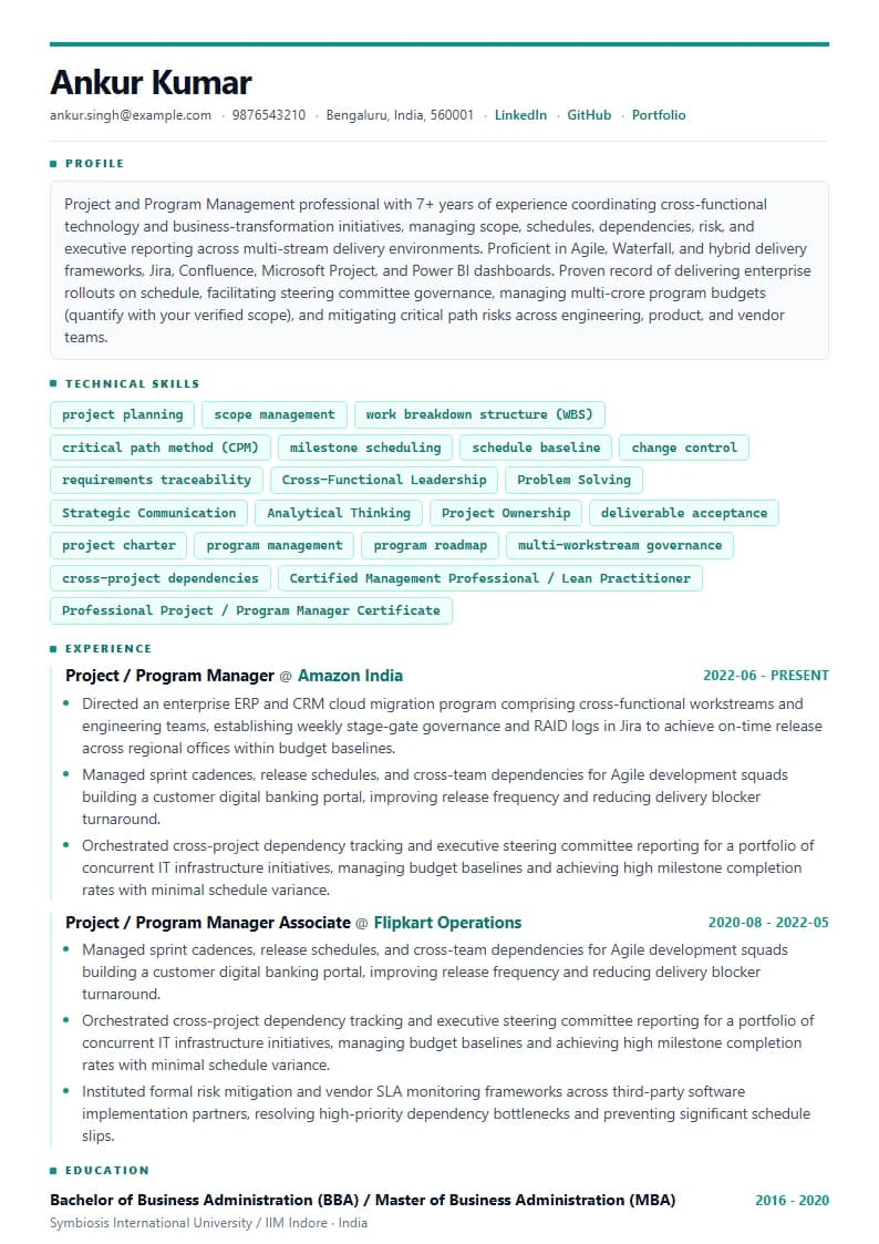 Project / Program Manager Resume Example using Crisp Column Slate template layout