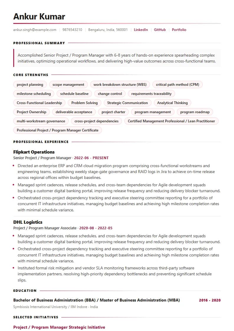 Senior Project / Program Manager Resume Example using Timeless Serif Classic template layout