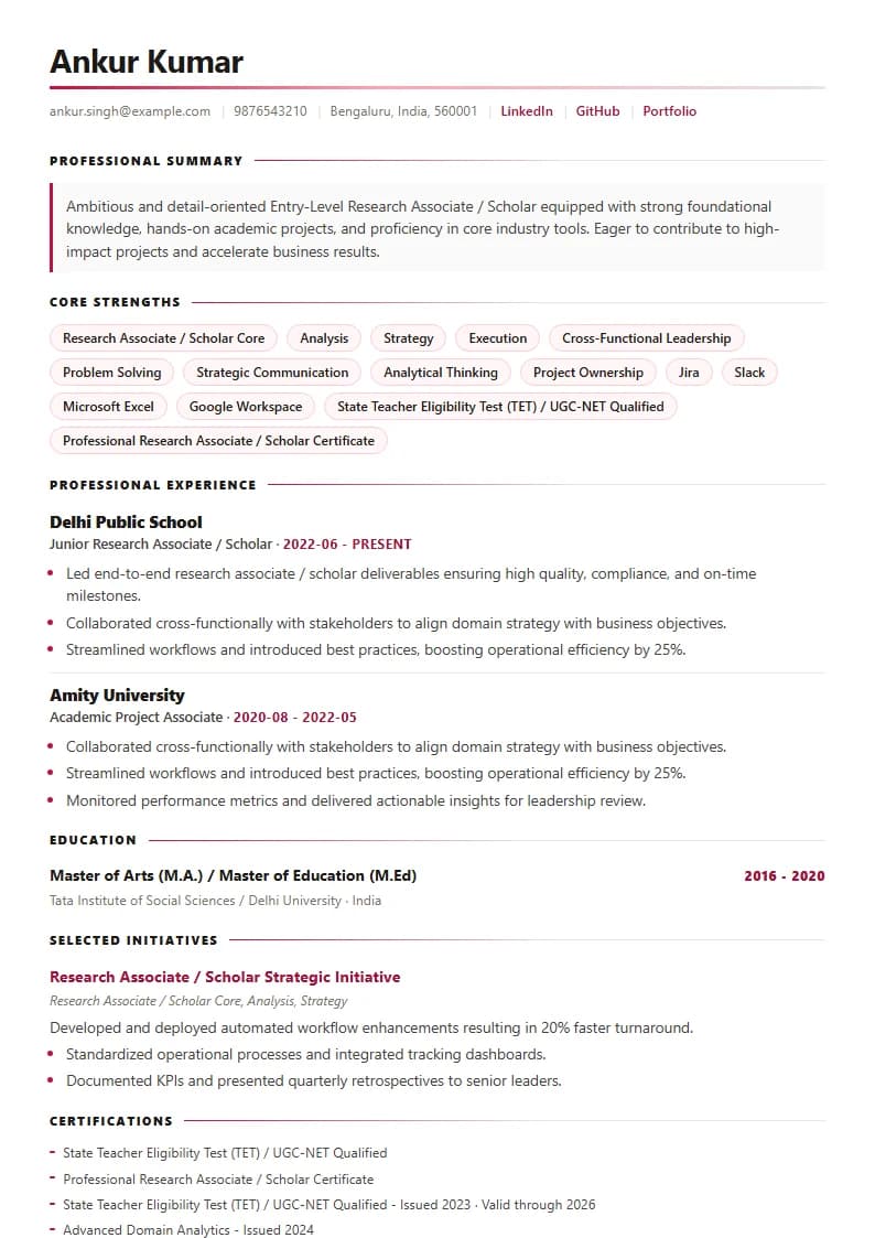 Entry-Level Research Associate / Scholar Resume Example using Modern Professional template layout