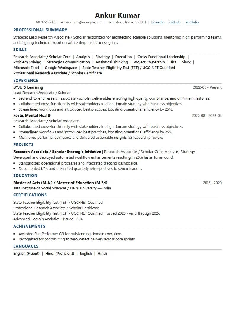 Lead Research Associate / Scholar Resume Example using Silicon Teal Meridian template layout