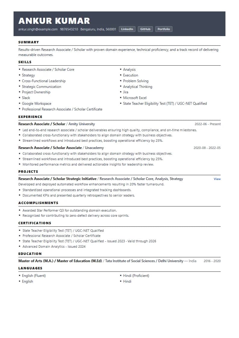 Research Associate / Scholar Resume Example using Corporate Elite Resume template layout