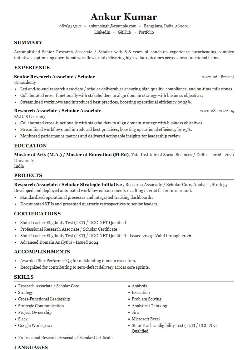 Senior Research Associate / Scholar Resume Example using Executive Onyx Gold template layout