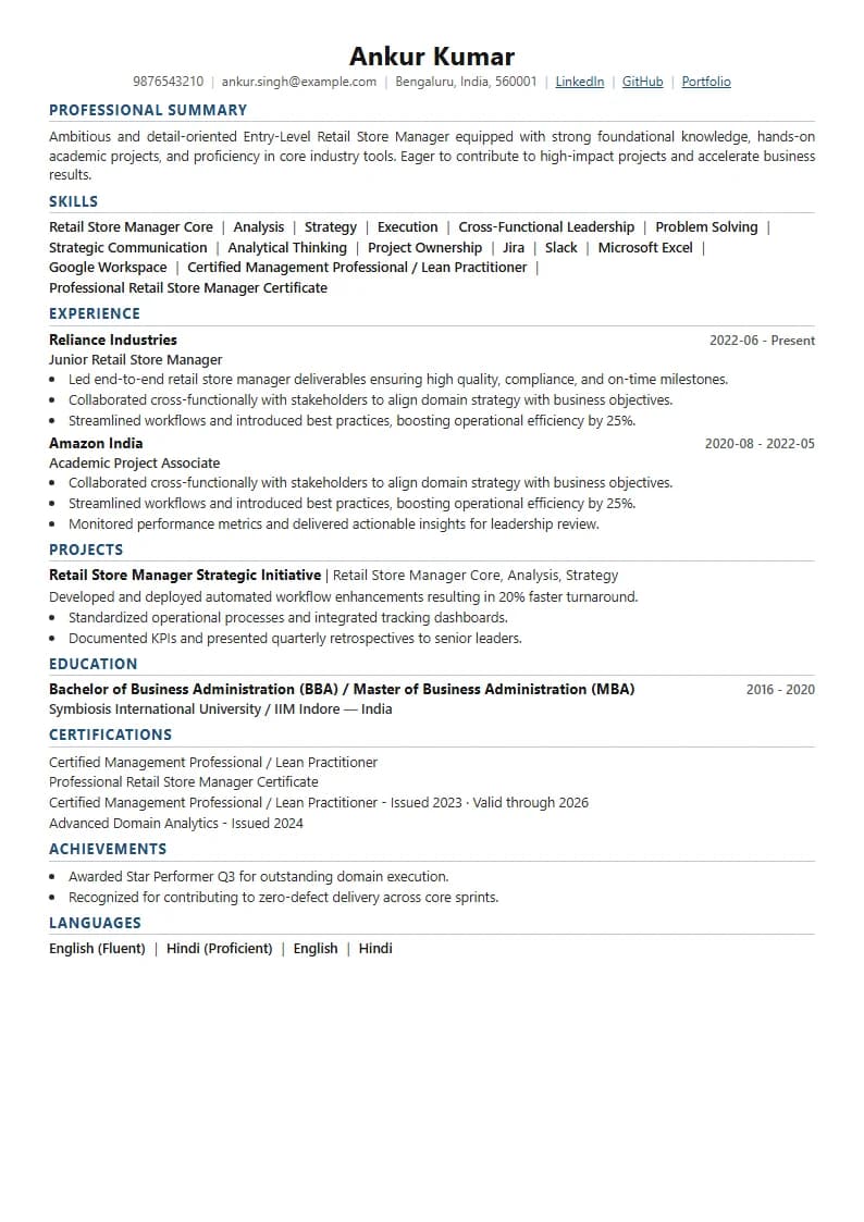Entry-Level Retail Store Manager Resume Example using Executive Onyx Gold template layout