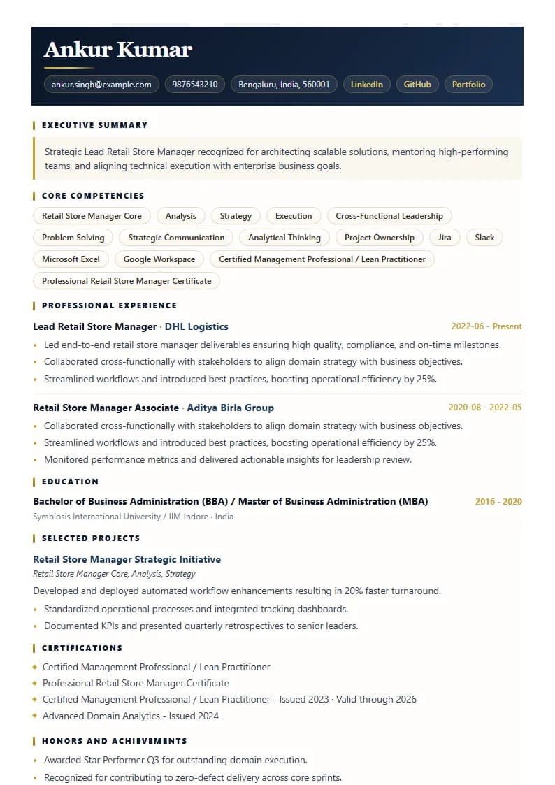 Lead Retail Store Manager Resume Example using Crisp Column Slate template layout