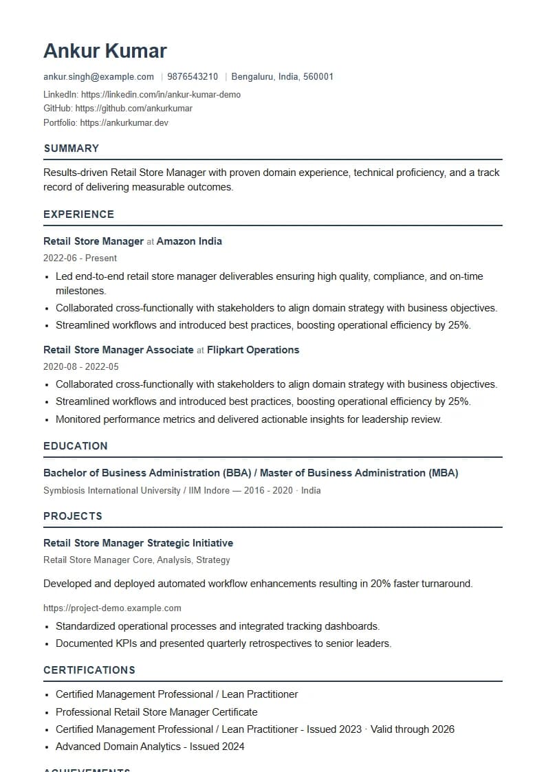 Retail Store Manager Resume Example using Silicon Teal Meridian template layout