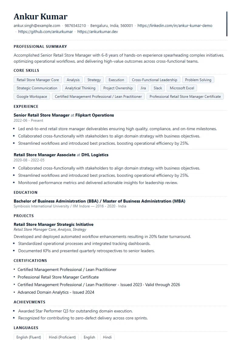 Senior Retail Store Manager Resume Example using Mercator Marketing Executive template layout