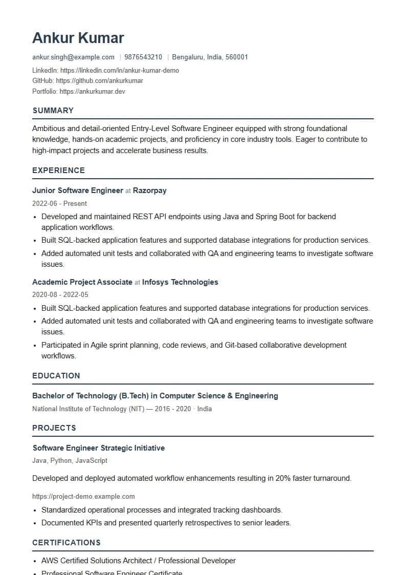 Entry-Level Software Engineer Resume Example using Modern Professional template layout
