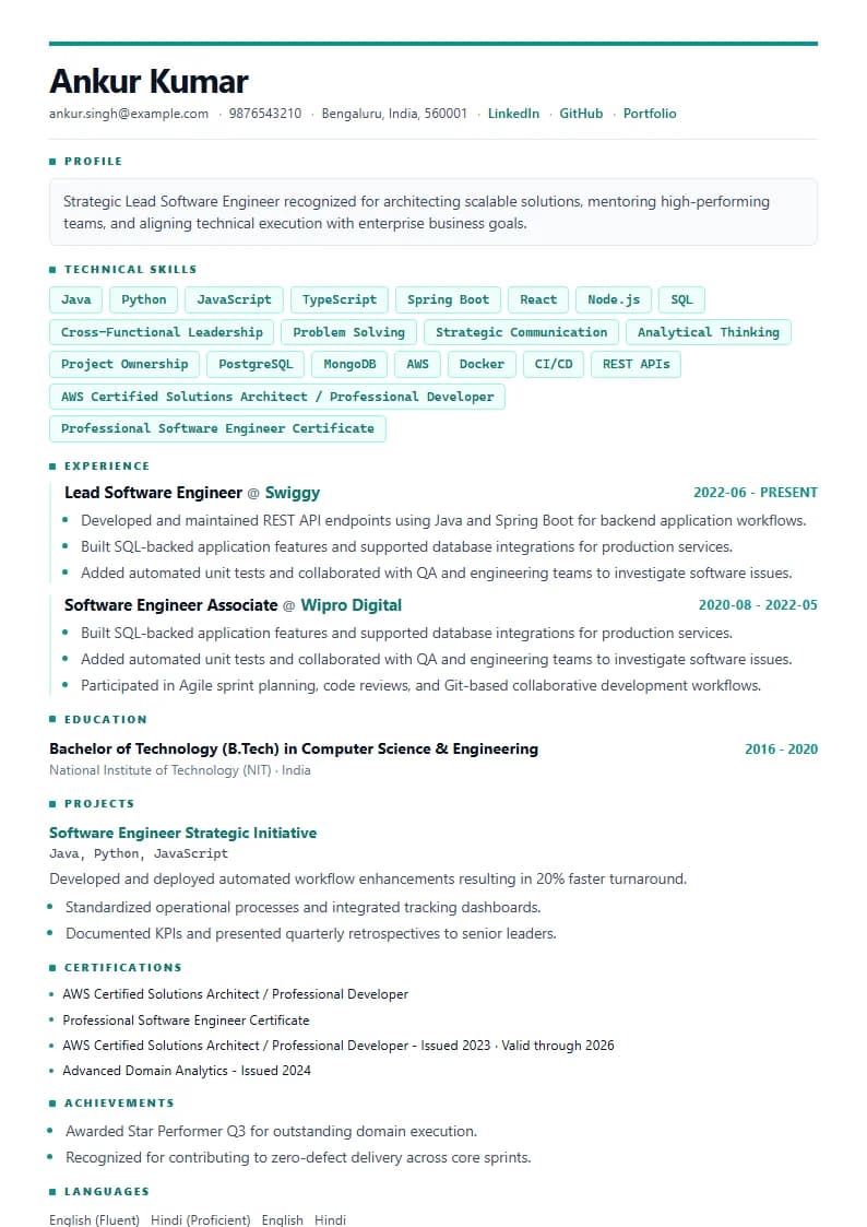 Lead Software Engineer Resume Example using Silicon Teal Meridian template layout