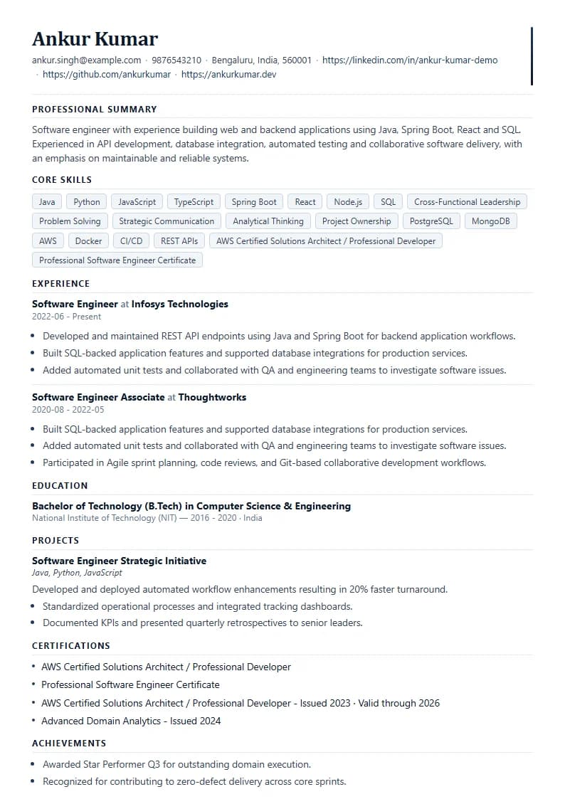 Software Engineer Resume Example using Corporate Elite Resume template layout