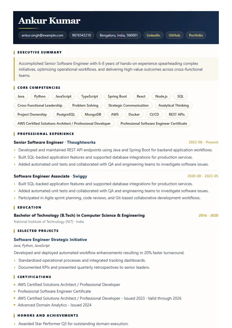 Senior Software Engineer Resume Example using Executive Onyx Gold template layout