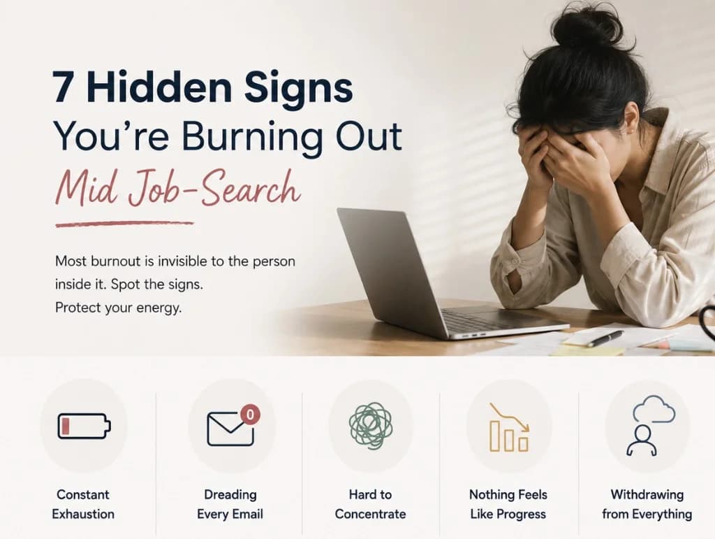 Blog cover for job search burnout: title about seven hidden signs during a job search, a stressed woman at a desk with her laptop, and icons illustrating exhaustion, inbox dread, fog, stalled progress, and withdrawal.