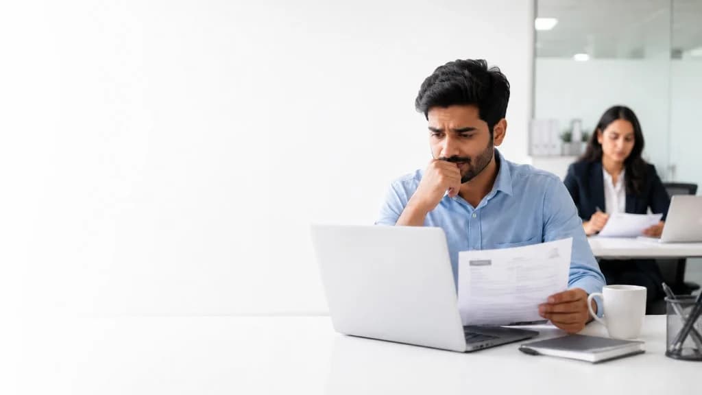 Concerned job seeker reviewing a resume at a laptop in an office — how ATS, AI screeners, and HR bots auto-reject applications before recruiters see them