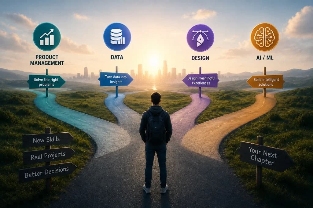 Career crossroads with four color-coded paths toward a city skyline — Product Management, Data, Design, and AI/ML — with signposts for skills, projects, and your next chapter.