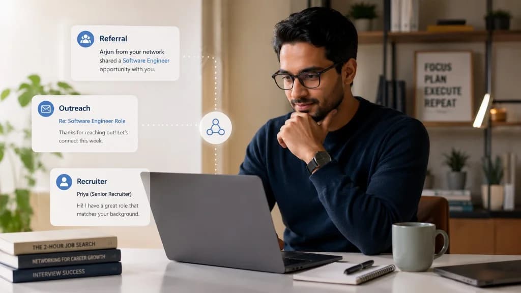 Professional at a home office laptop with floating notifications for a referral, cold outreach reply, and recruiter message connected to a network icon — the hidden job market beyond public job boards.