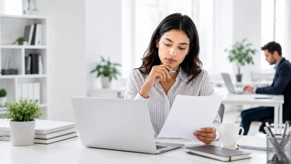 Professional reviewing a resume at a laptop in an office — how ATS scoring reads, ranks, and rejects applications against a job description